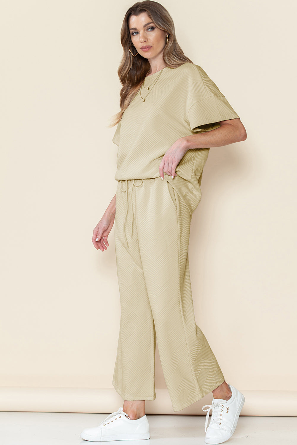 Apricot Textured Loose Fit T Shirt and Drawstring Pants Set
