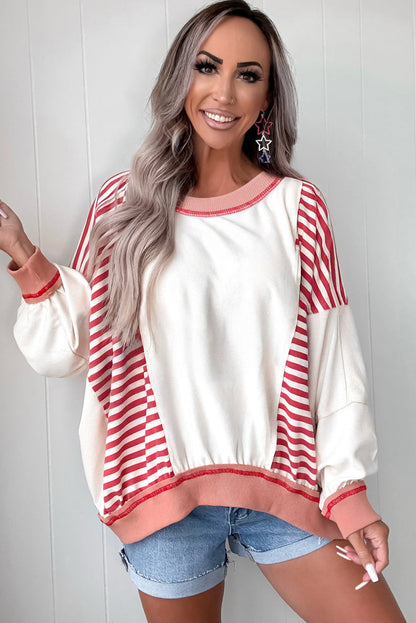 White Striped Colorblock Patchwork Oversized Sweatshirt