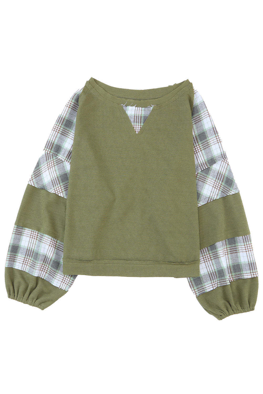 Green Plaid Patch Waffle Knit Long Sleeve Top