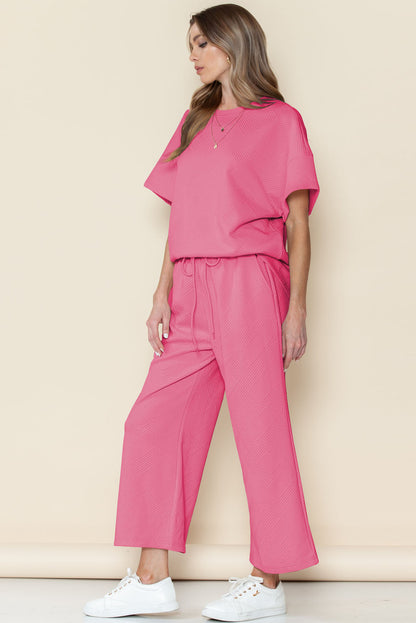 Apricot Textured Loose Fit T Shirt and Drawstring Pants Set
