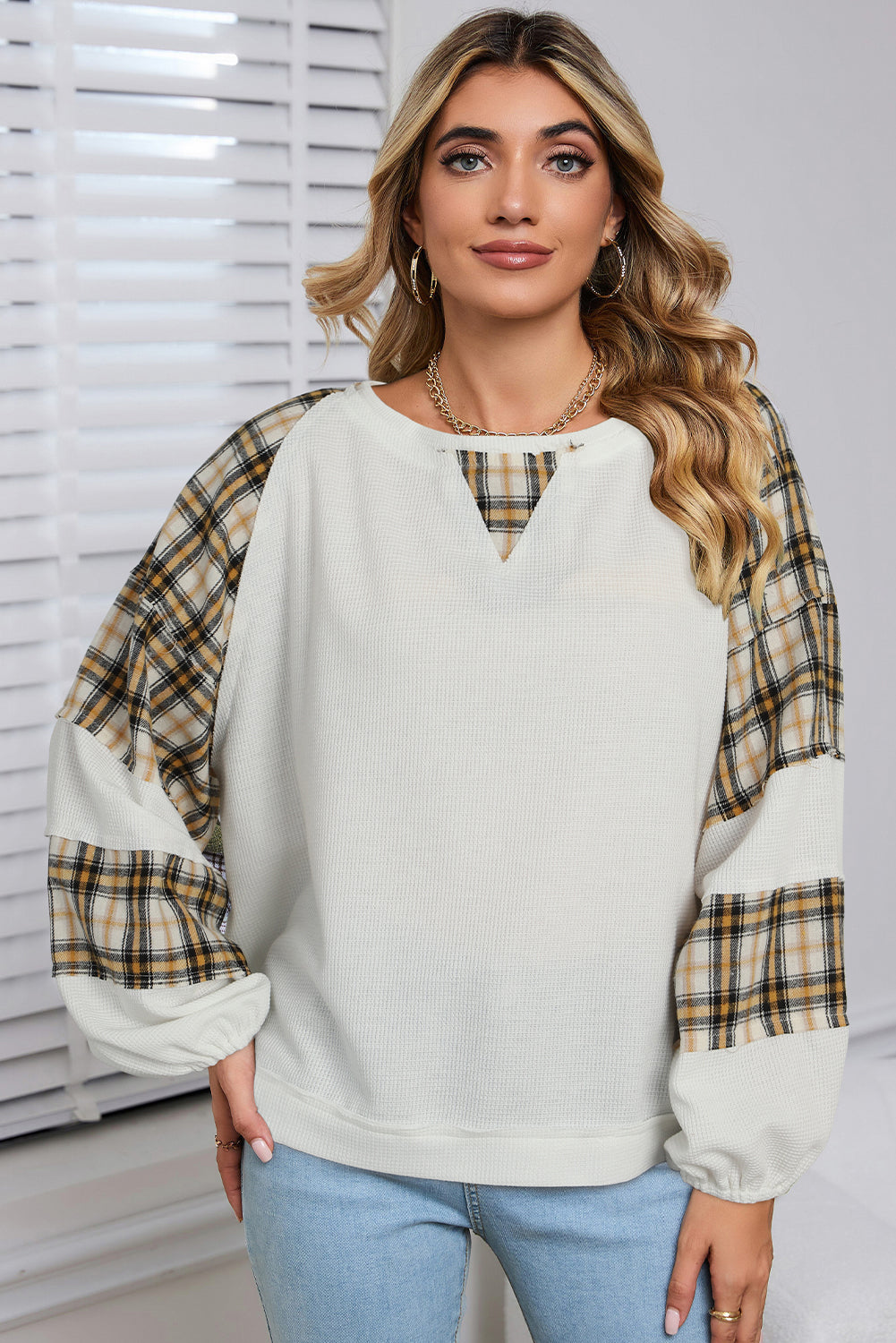 Green Plaid Patch Waffle Knit Long Sleeve Top