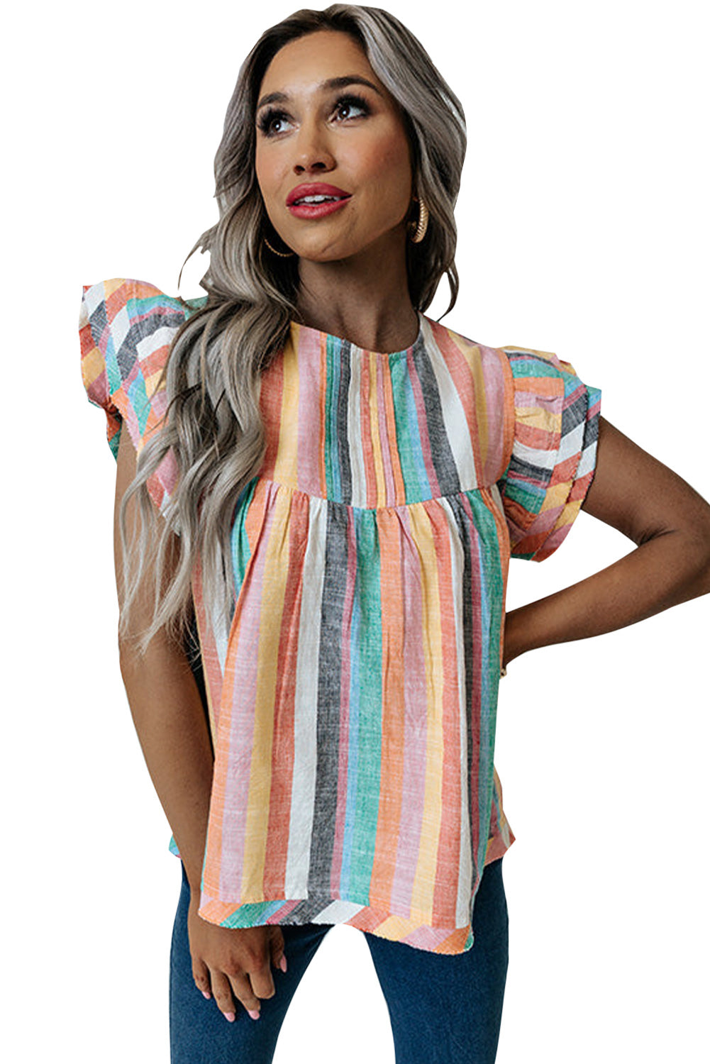 Multicolor Striped Back Button Keyhole Layered Sleeve Blouse