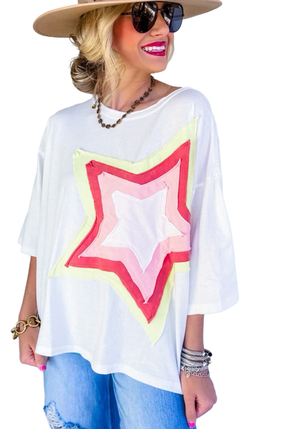 Light Pink Colorblock Star Patched Half Sleeve Oversized Tee