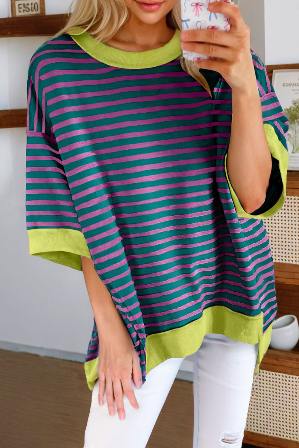 Pink Stripe Colorblock Drop Sleeve Loose Top