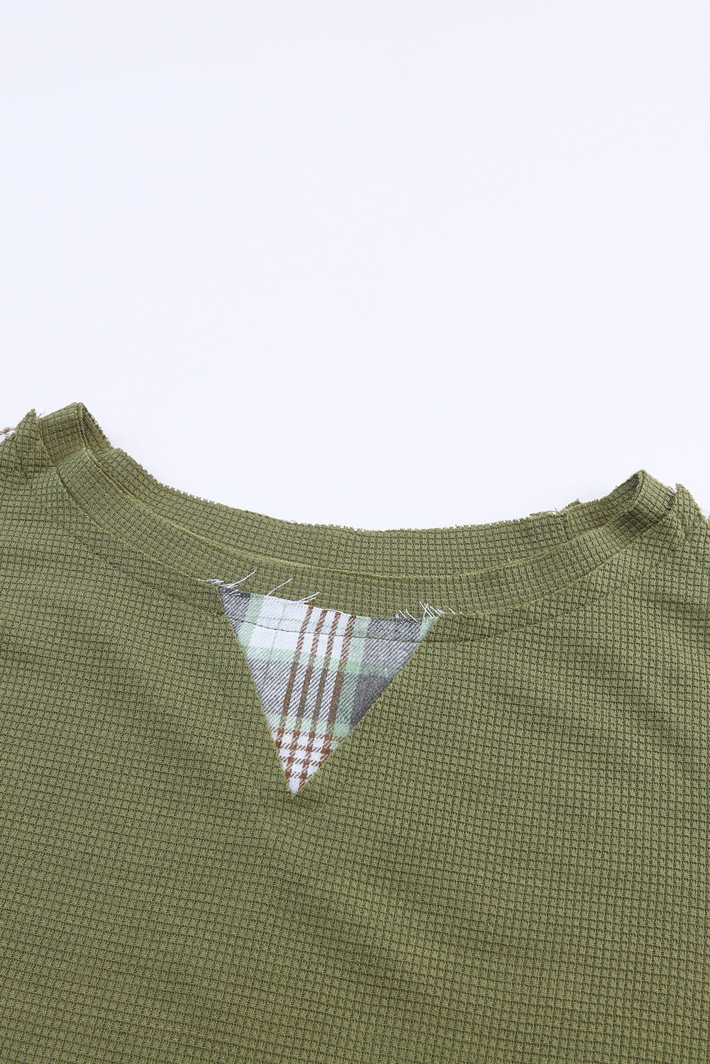 Green Plaid Patch Waffle Knit Long Sleeve Top