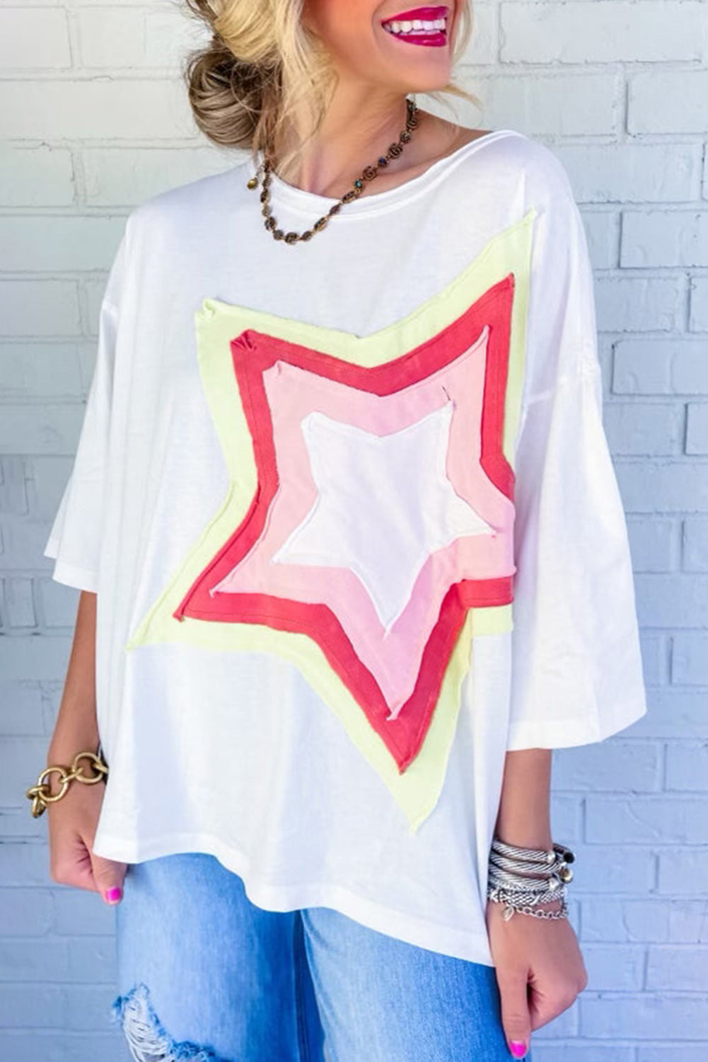 Light Pink Colorblock Star Patched Half Sleeve Oversized Tee