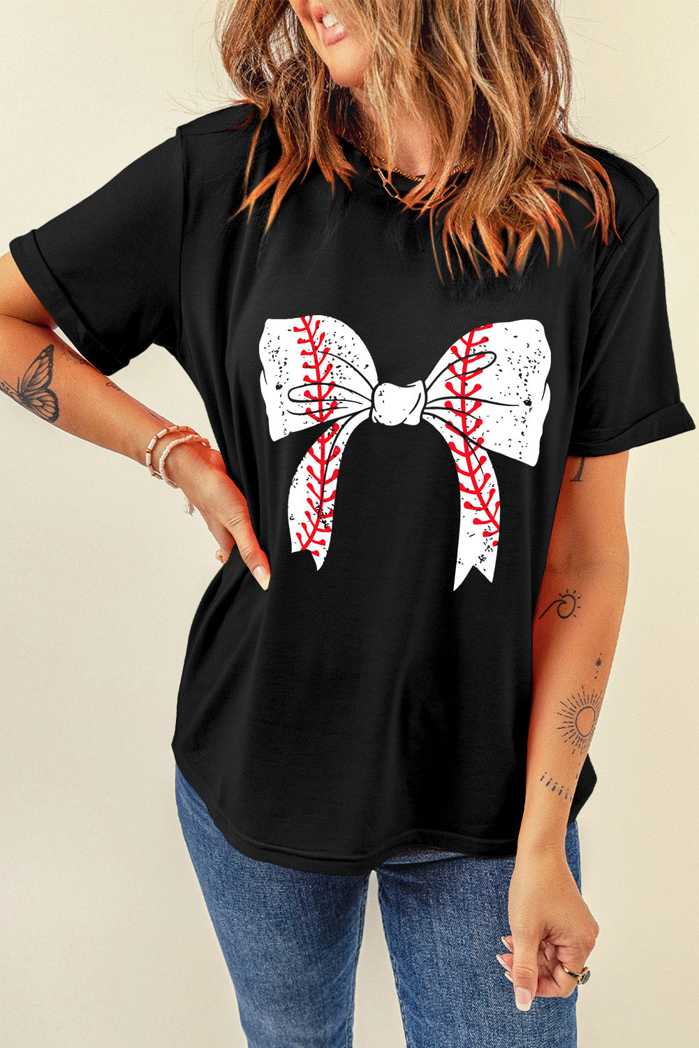 Black Baseball Bowknot Graphic Roll Up Sleeve Tee