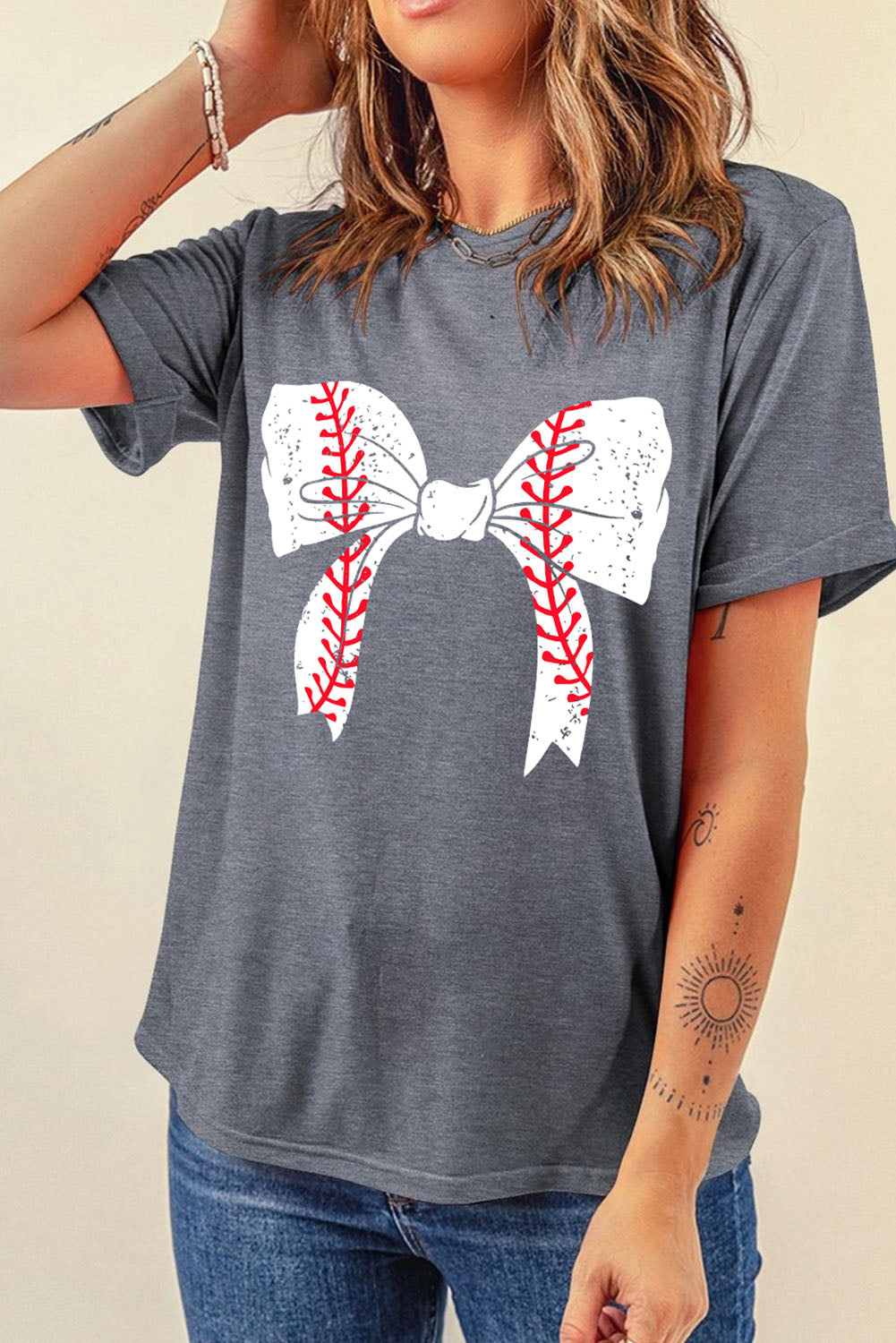 Black Baseball Bowknot Graphic Roll Up Sleeve Tee