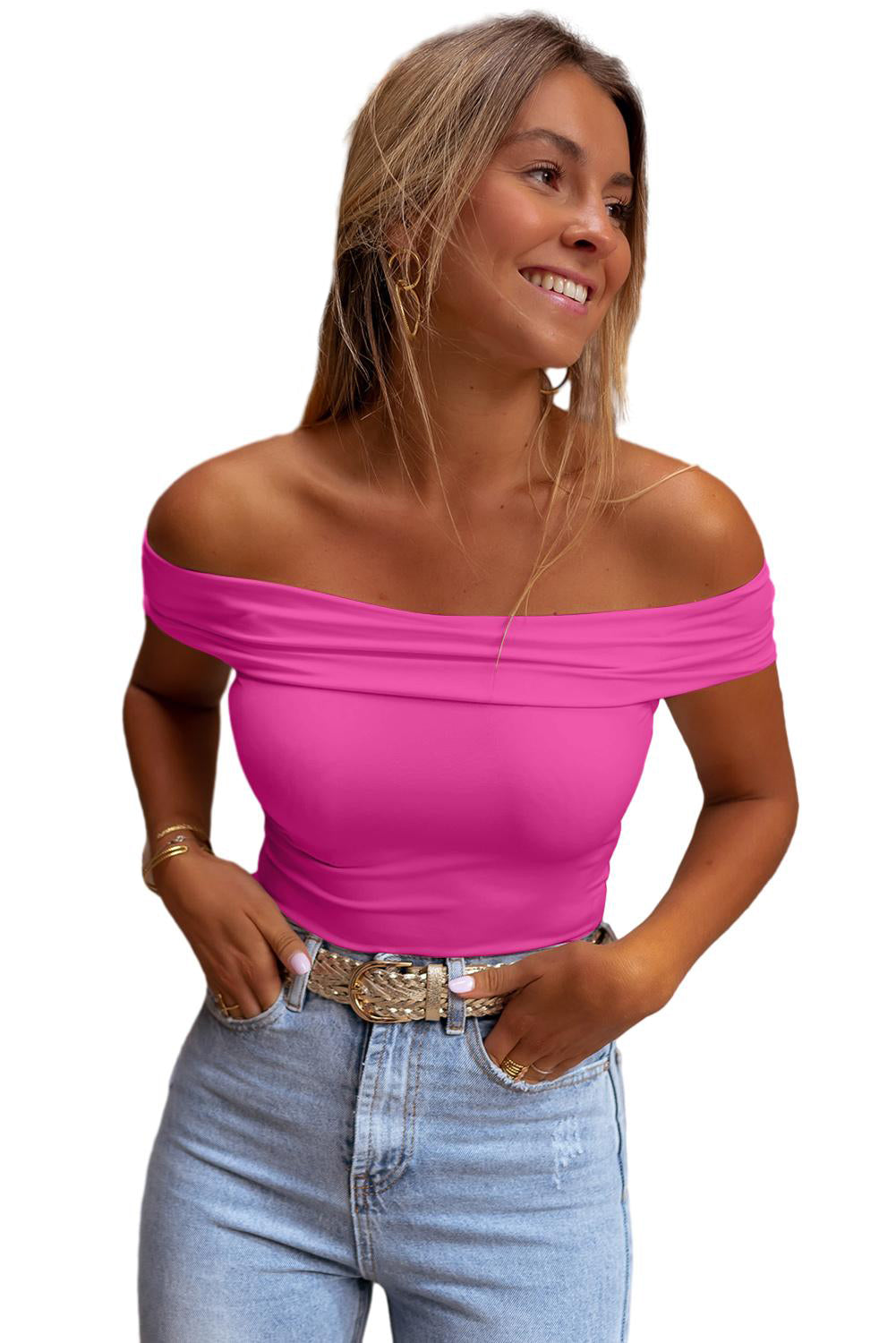 White Solid Color Folded Off Shoulder Slim Shirt