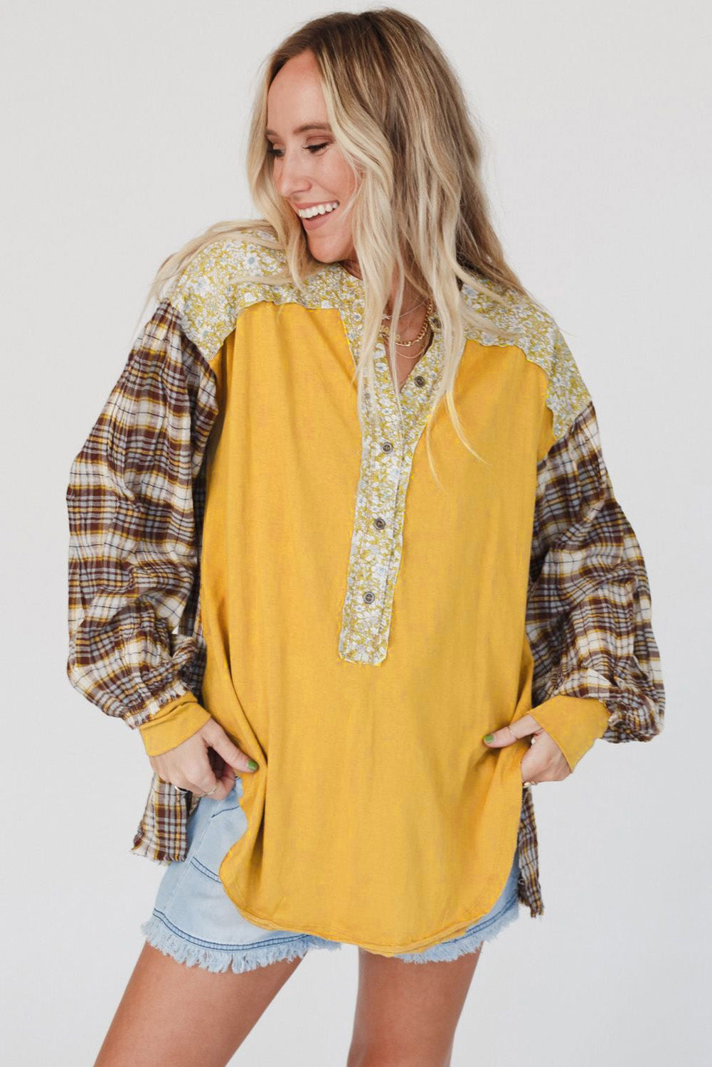 Yellow Floral Plaid Mixed Print Bishop Sleeve Patchwork Top