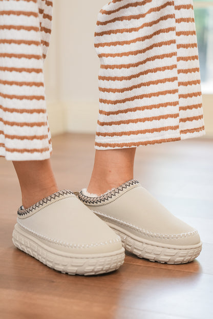 White Contrast Stitch Detail Plush Winter Clog Slippers