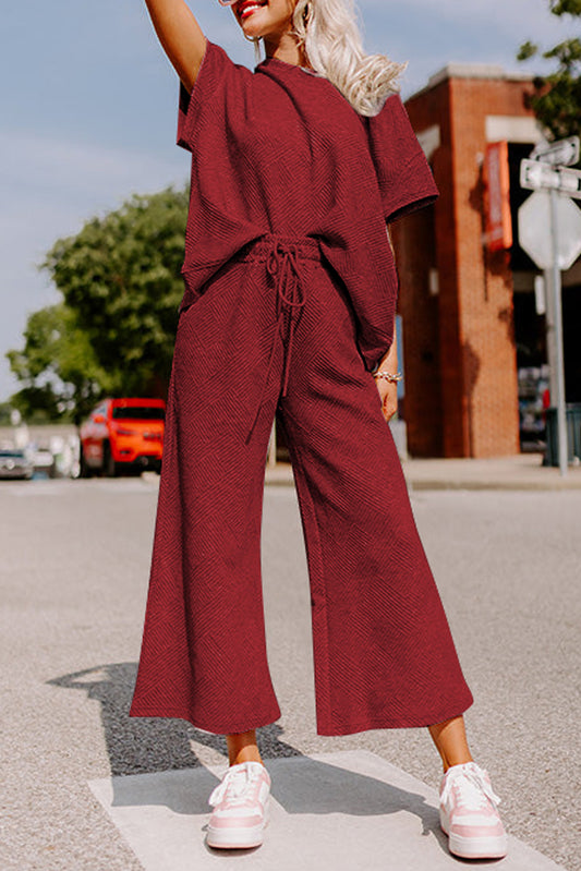 Apricot Textured Loose Fit T Shirt and Drawstring Pants Set