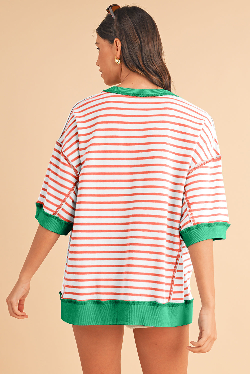 Pink Stripe Colorblock Drop Sleeve Loose Top