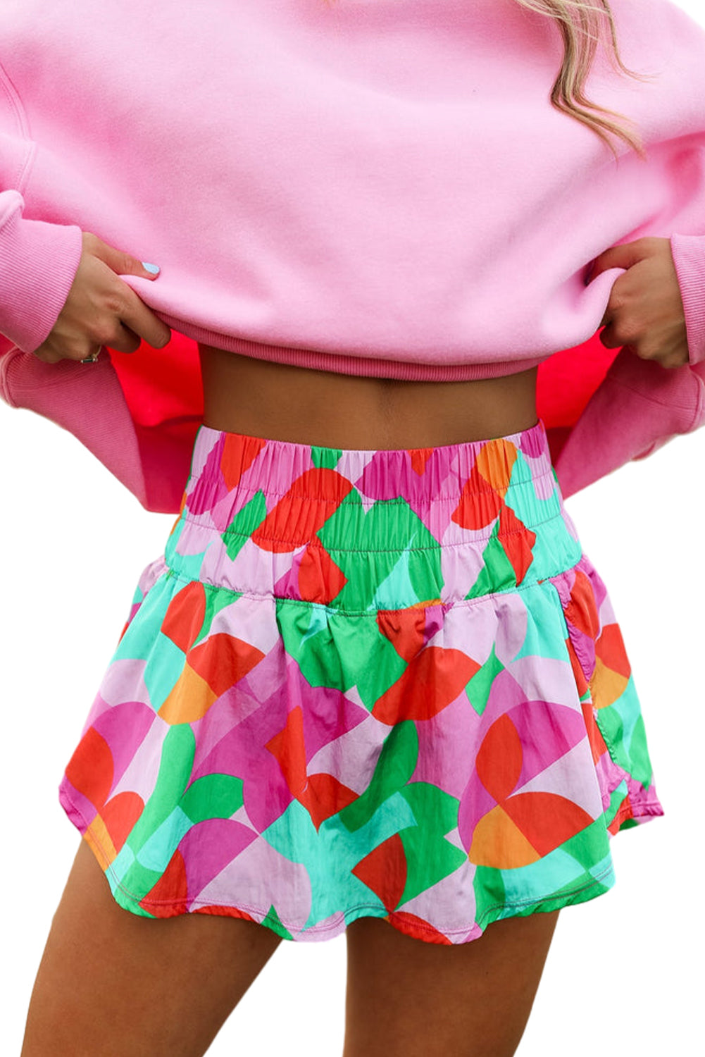 Purple Abstract Print Smocked Waist Flared Shorts