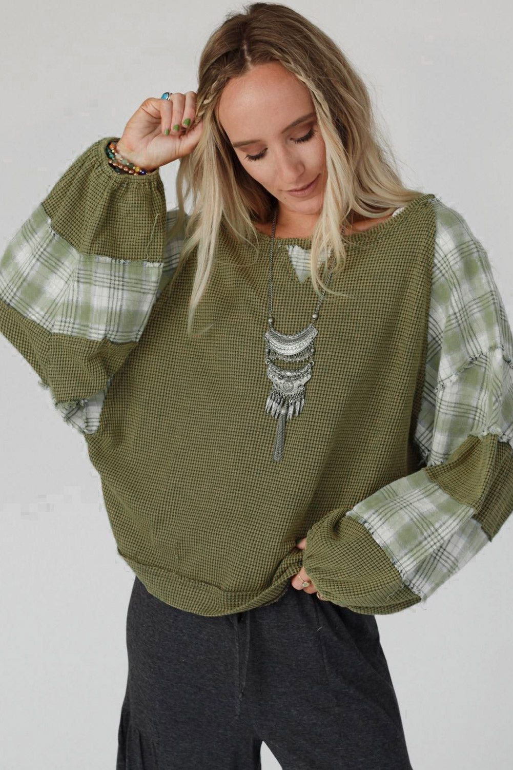 Green Plaid Patch Waffle Knit Long Sleeve Top