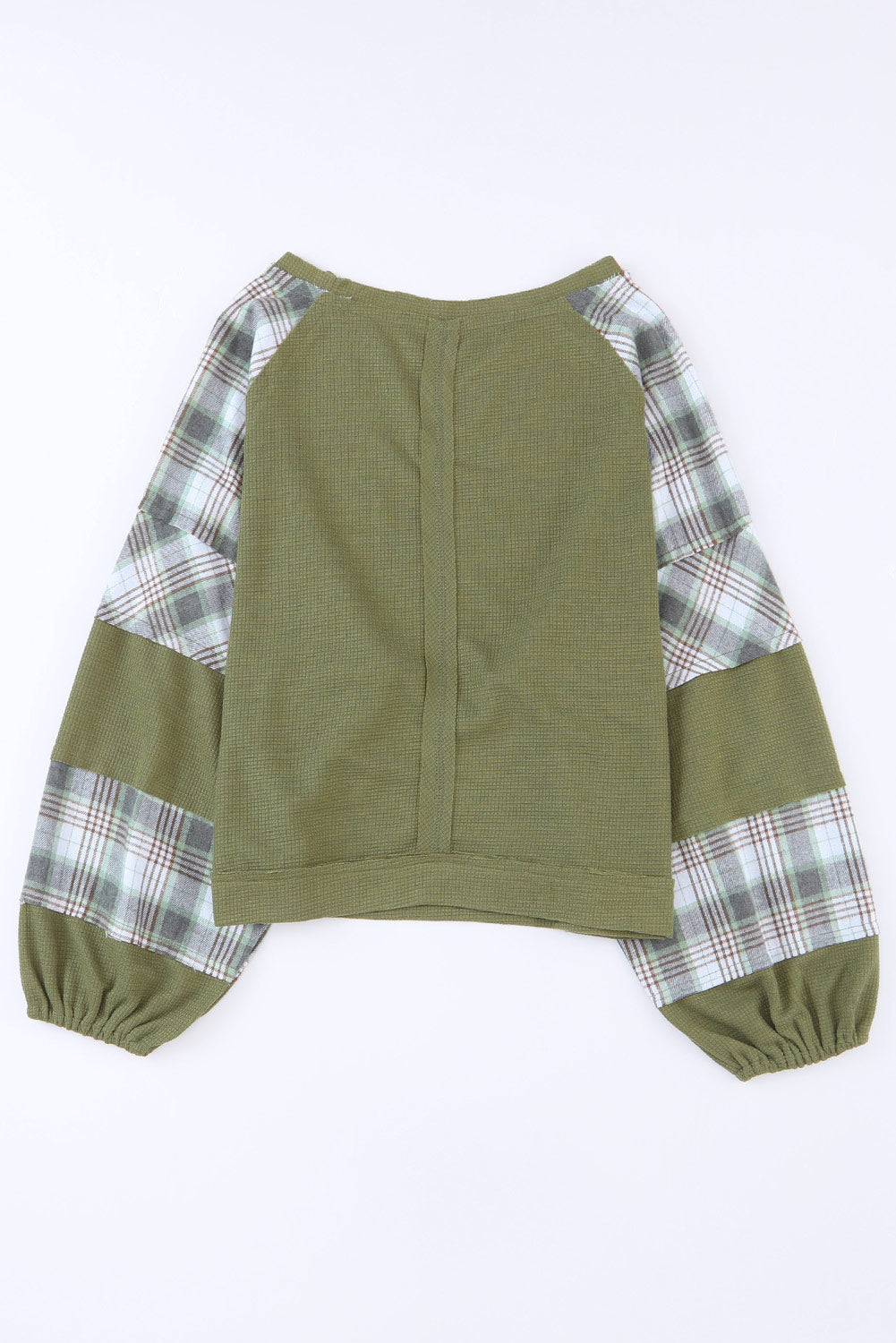 Green Plaid Patch Waffle Knit Long Sleeve Top