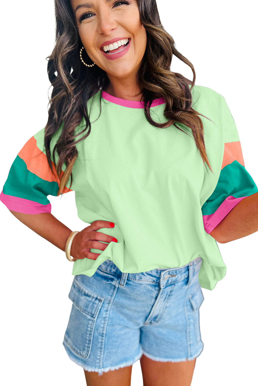 Pink Color Block Sleeve Round Neck Oversize Top