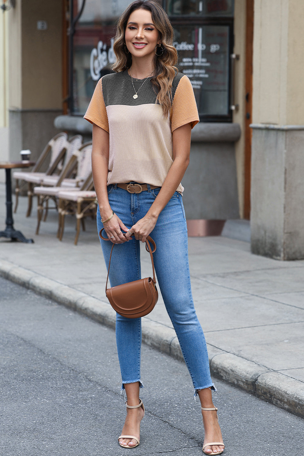 Black Rib Textured Colorblock Round Neck T Shirt