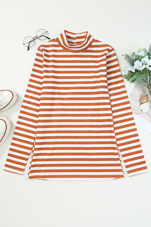 Double Take Striped Mock Neck Long Sleeve Top