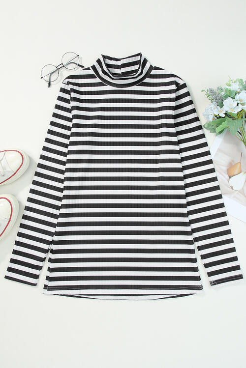 Double Take Striped Mock Neck Long Sleeve Top