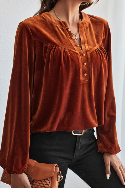 Ruched Decorative Button Notched Blouse